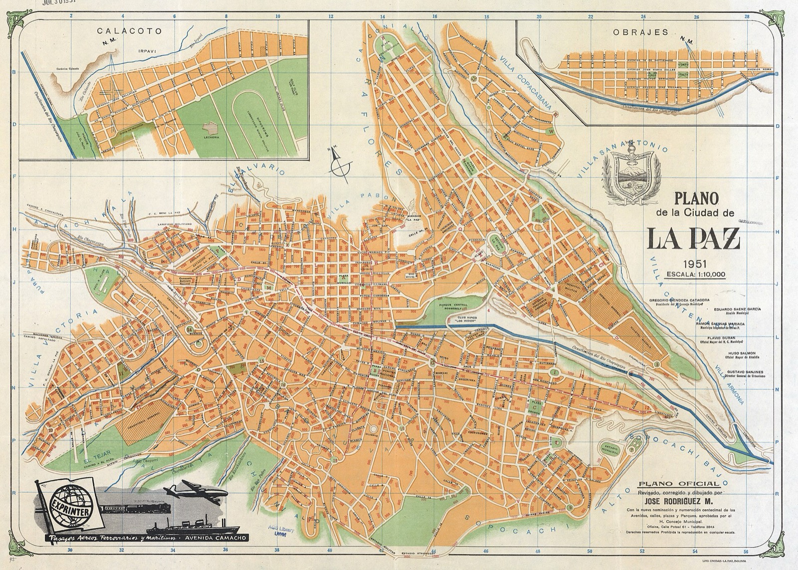 Plano de La Paz de 1951 con las calles en naranja y el barrio de Sopocachi al sur del centro
